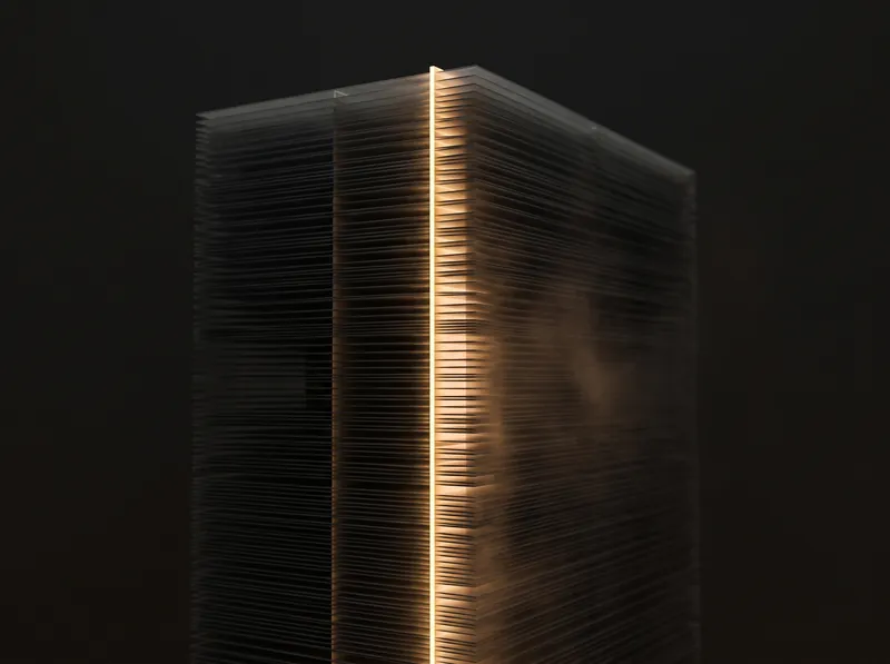 Deep stack of dark layers indexed by a single bright seam